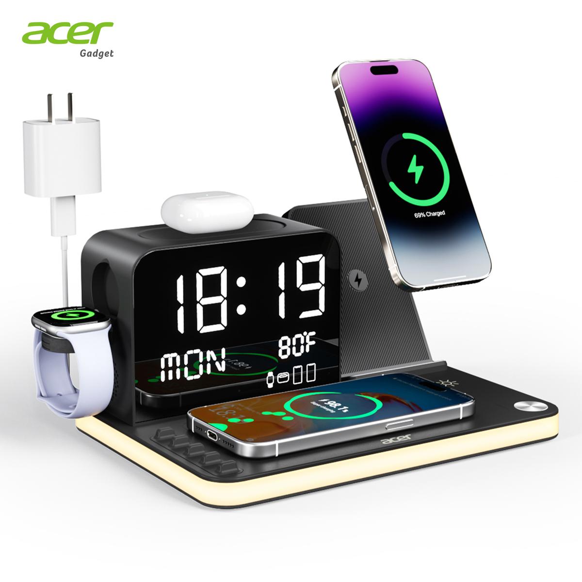 7-in-1 Wireless Charging Station with LED Light, Bluetooth Clock & Temperature Display – Fast Charger for iPhone, Android, Apple Watch & AirPods