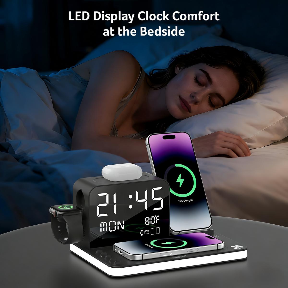 7-in-1 Wireless Charging Station with LED Light, Bluetooth Clock & Temperature Display – Fast Charger for iPhone, Android, Apple Watch & AirPods