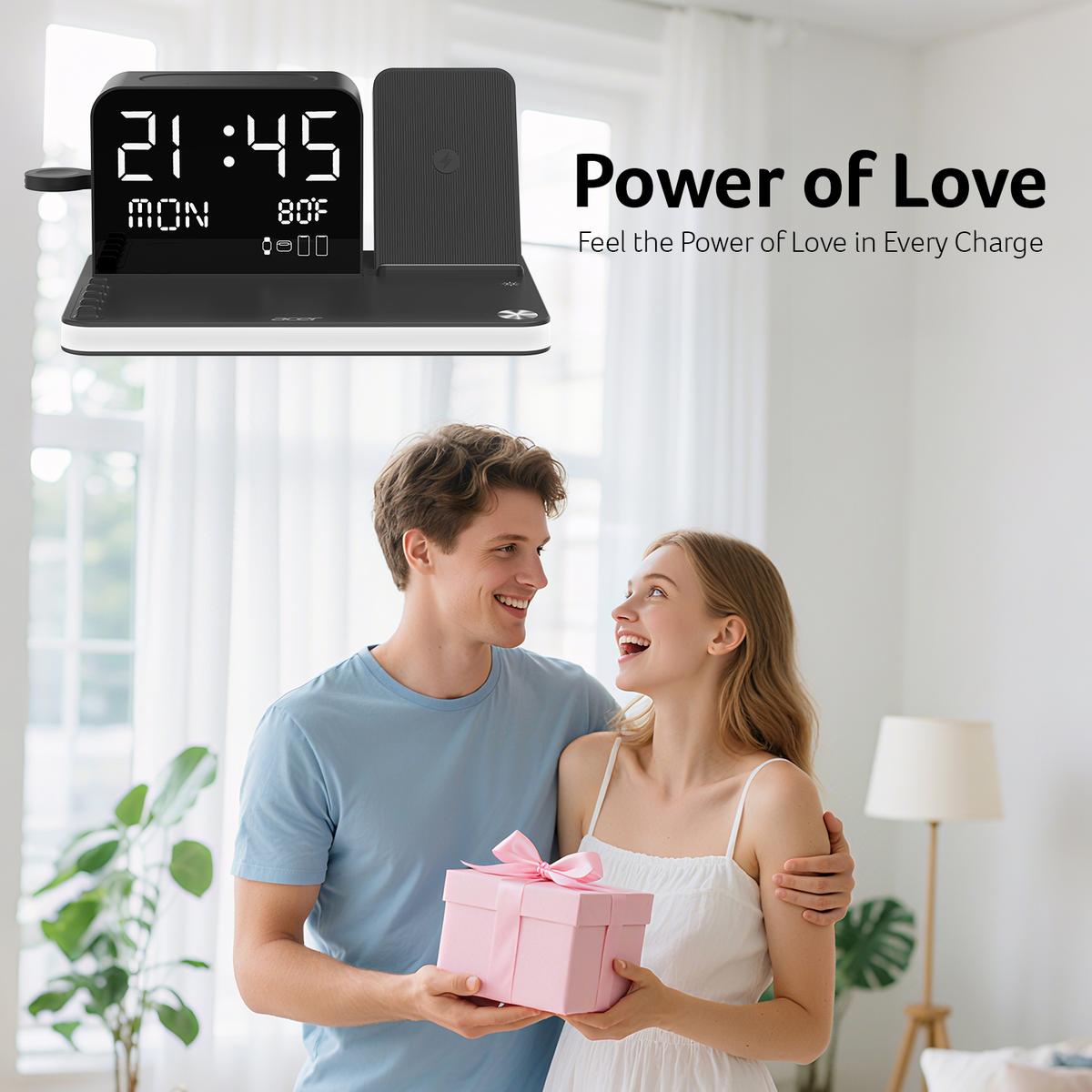 7-in-1 Wireless Charging Station with LED Light, Bluetooth Clock & Temperature Display – Fast Charger for iPhone, Android, Apple Watch & AirPods