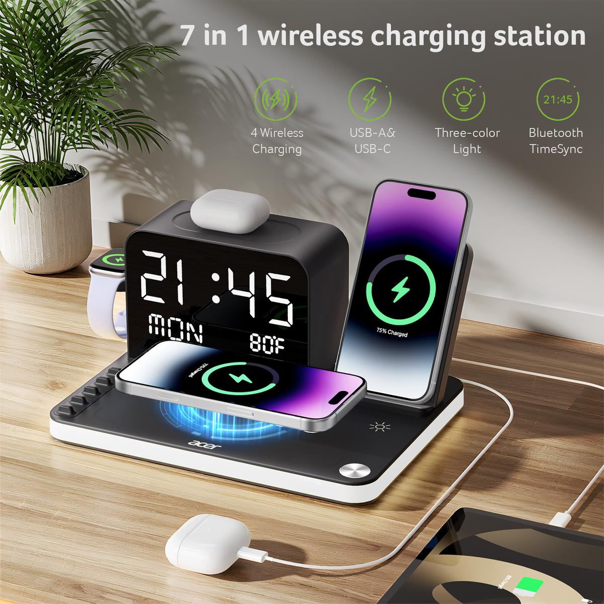 7-in-1 Wireless Charging Station with LED Light, Bluetooth Clock & Temperature Display – Fast Charger for iPhone, Android, Apple Watch & AirPods