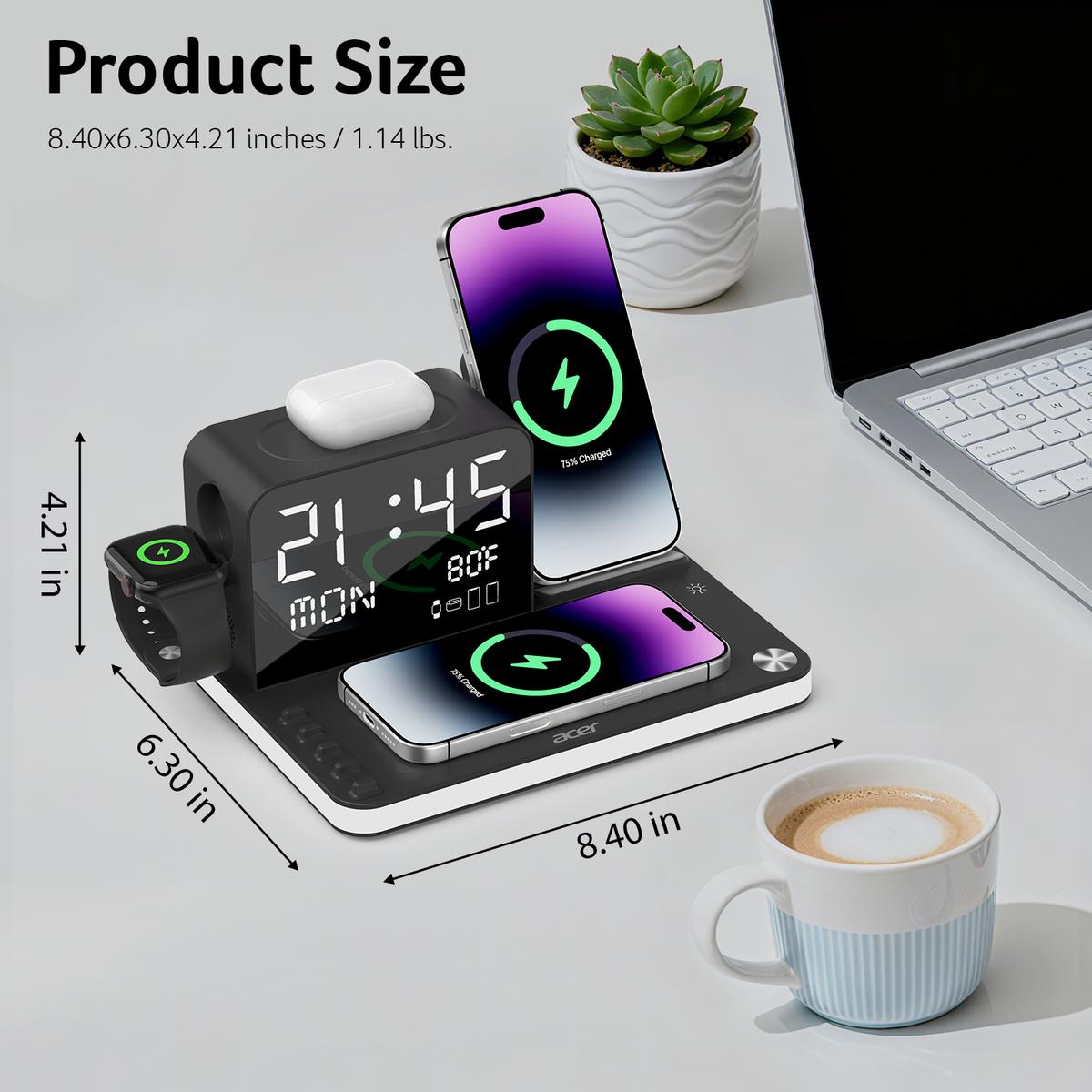 7-in-1 Wireless Charging Station with LED Light, Bluetooth Clock & Temperature Display – Fast Charger for iPhone, Android, Apple Watch & AirPods
