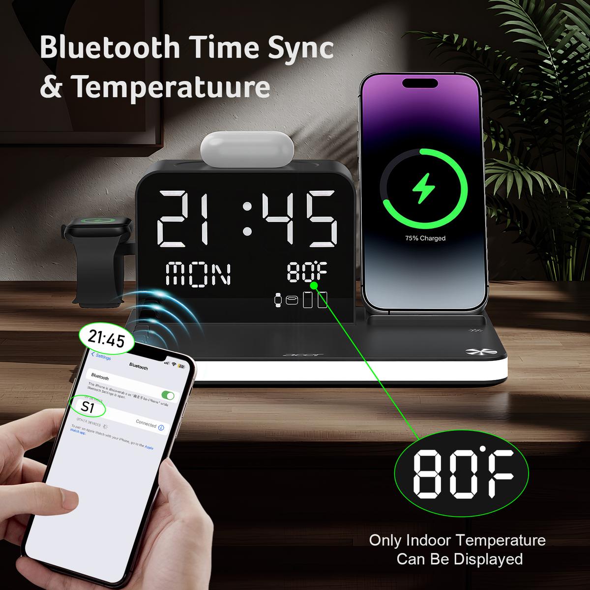 7-in-1 Wireless Charging Station with LED Light, Bluetooth Clock & Temperature Display – Fast Charger for iPhone, Android, Apple Watch & AirPods
