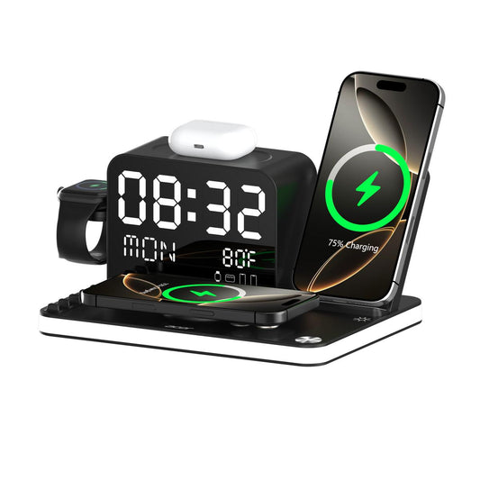 7-in-1 Wireless Charging Station with LED Light, Bluetooth Clock & Temperature Display – Fast Charger for iPhone, Android, Apple Watch & AirPods