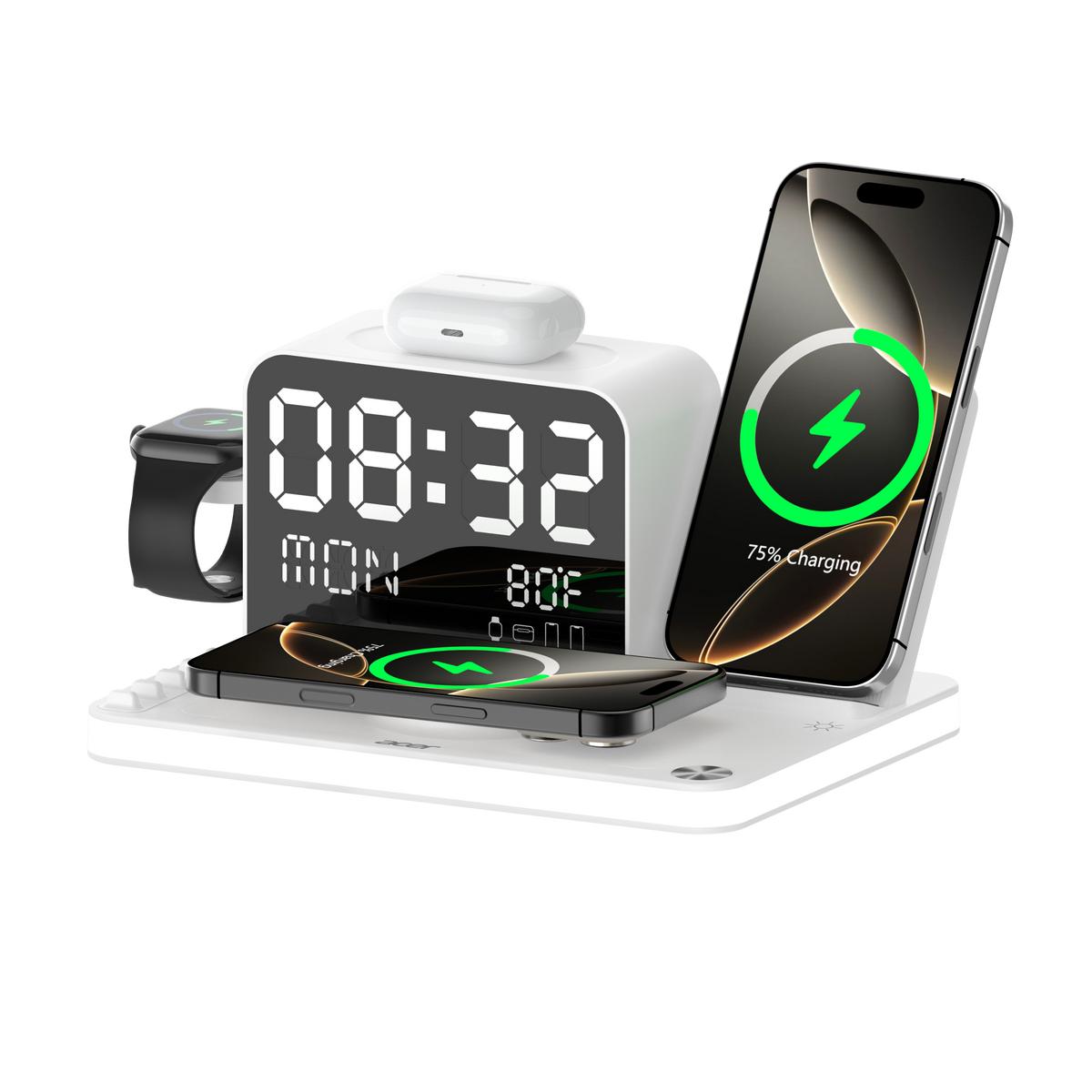 7-in-1 Wireless Charging Station with LED Light, Bluetooth Clock & Temperature Display – Fast Charger for iPhone, Android, Apple Watch & AirPods