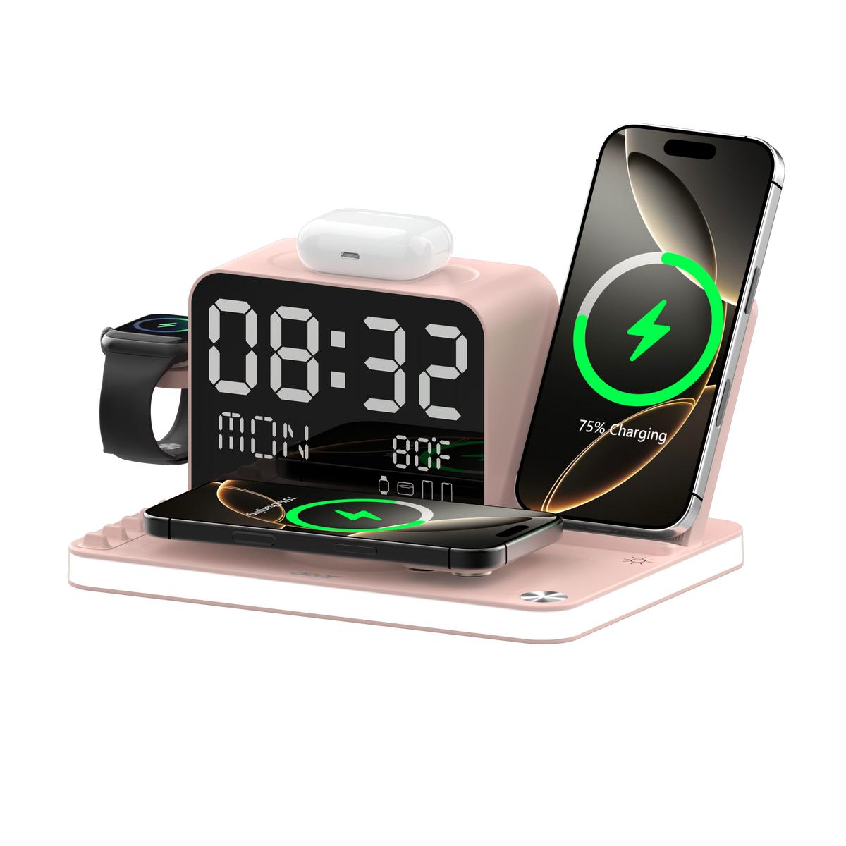7-in-1 Wireless Charging Station with LED Light, Bluetooth Clock & Temperature Display – Fast Charger for iPhone, Android, Apple Watch & AirPods