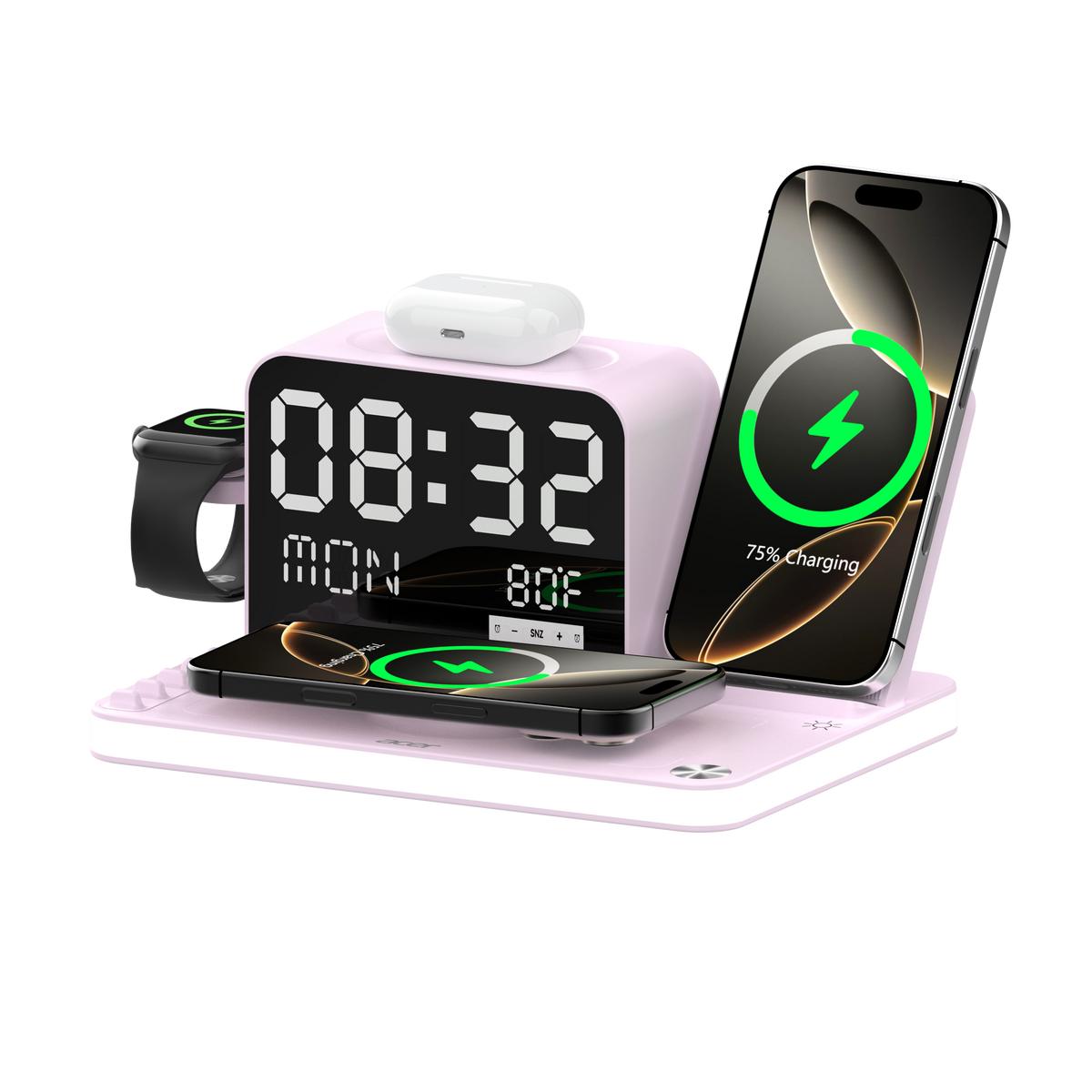 7-in-1 Wireless Charging Station with LED Light, Bluetooth Clock & Temperature Display – Fast Charger for iPhone, Android, Apple Watch & AirPods